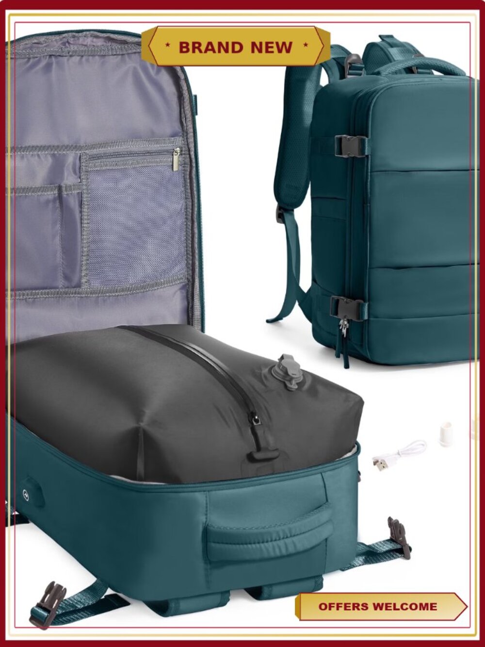 Vacuum Compression Travel Backpack with Pump, Airline Approved Carry On, USB
